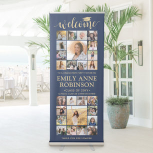 Graduation Party Welcome Photo Collage Navy & Gold Retractable Banner