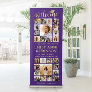 Graduation Party Welcome Photo Collage Purple Gold Retractable Banner