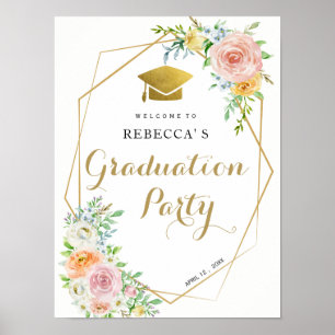 Graduation party welcome sign floral and gold