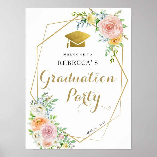 Graduation party welcome sign floral and gold (Front)