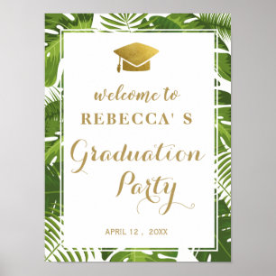 Graduation party welcome sign tropical and gold
