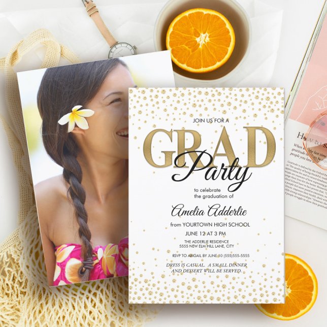 Graduation Party White Black Gold Glitter Photo Invitation (Creator Uploaded)