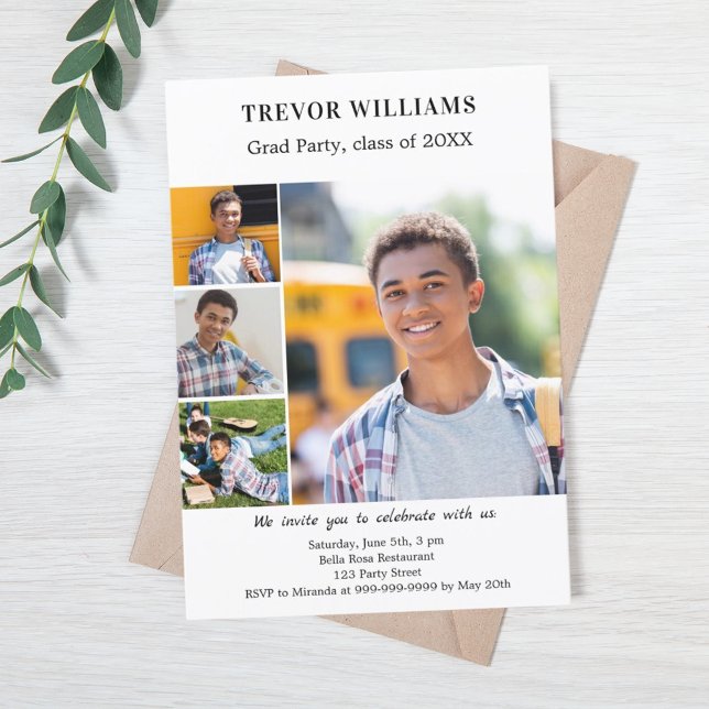 Graduation party white black photo collage invitation (Creator Uploaded)