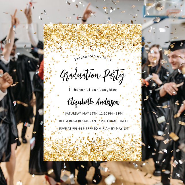 Graduation party white gold glitter glamourous invitation postcard (Creator Uploaded)