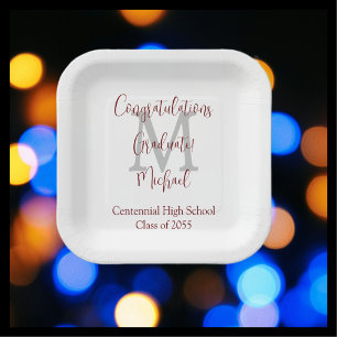 Graduation Party White Grey Burgundy Name Monogram Paper Plate