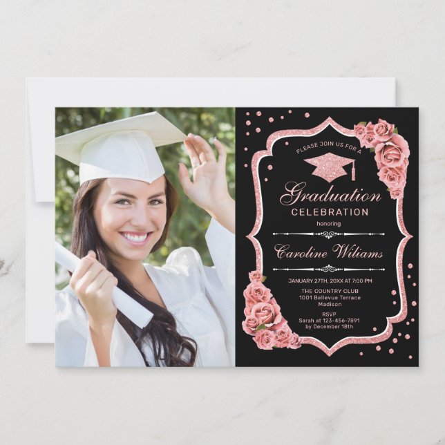 Graduation Party With Photo - Black Rose Gold Invitation (Front)