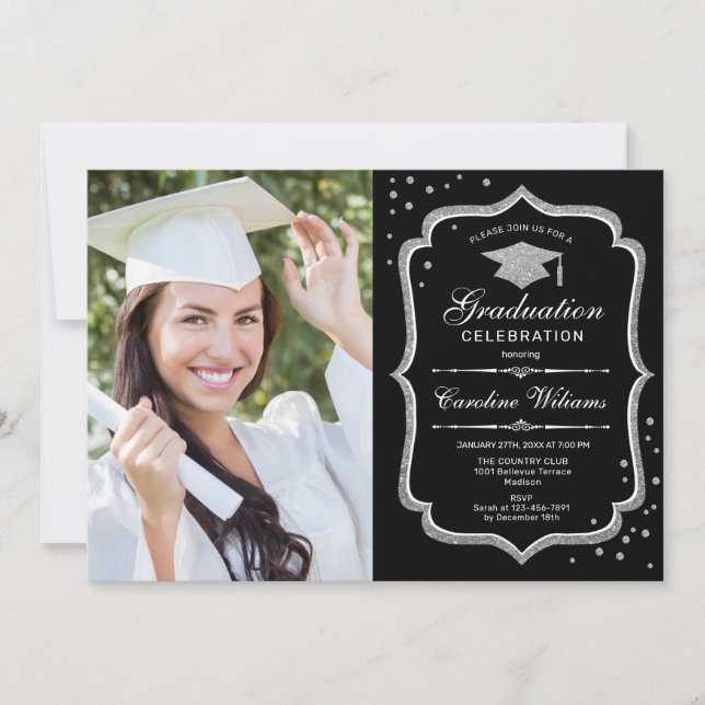 Graduation Party With Photo - Black Silver Invitation (Front)