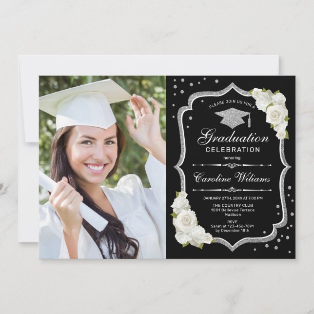 Graduation Party With Photo - Black Silver White Invitation (Front)