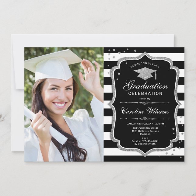 Graduation Party With Photo - Black White Silver Invitation (Front)