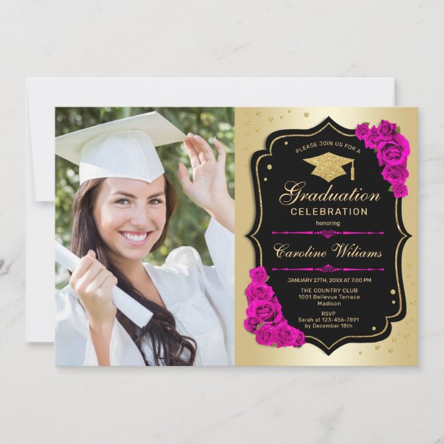 Graduation Party With Photo - Gold Black Hot Pink Invitation (Front)