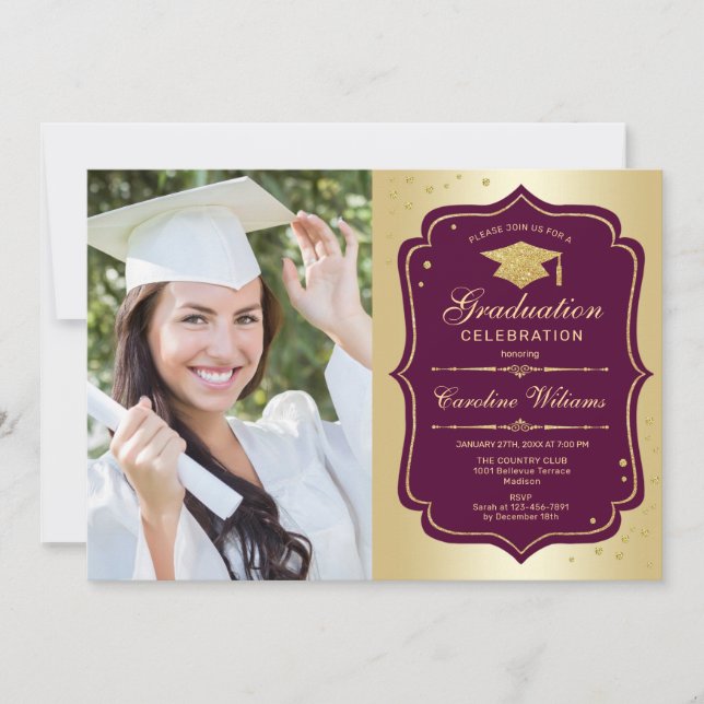 Graduation Party With Photo - Gold Burgundy Invitation (Front)
