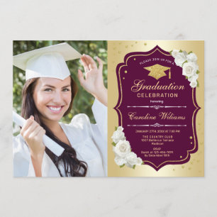 Graduation Party With Photo - Gold Burgundy Invitation