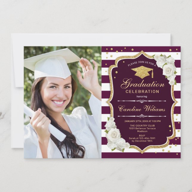 Graduation Party With Photo - Gold Burgundy Invitation (Front)