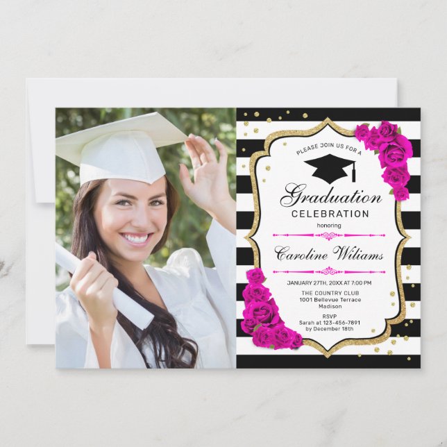 Graduation Party With Photo - Gold Pink White Invitation (Front)