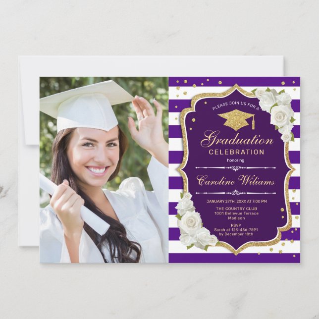 Graduation Party With Photo - Gold Purple White Invitation (Front)