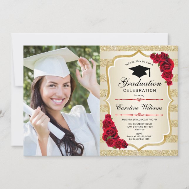 Graduation Party With Photo - Gold Red Invitation (Front)