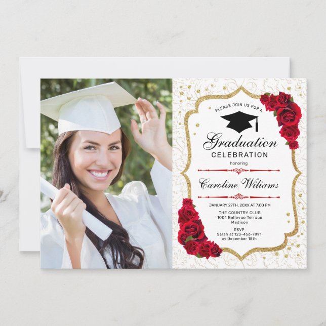 Graduation Party With Photo - Gold Red White Invitation (Front)