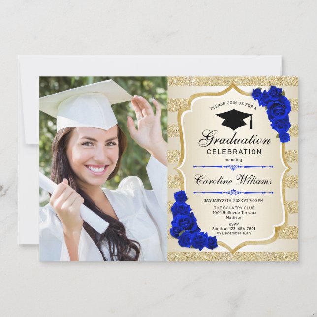 Graduation Party With Photo - Gold Royal Blue Invitation (Front)