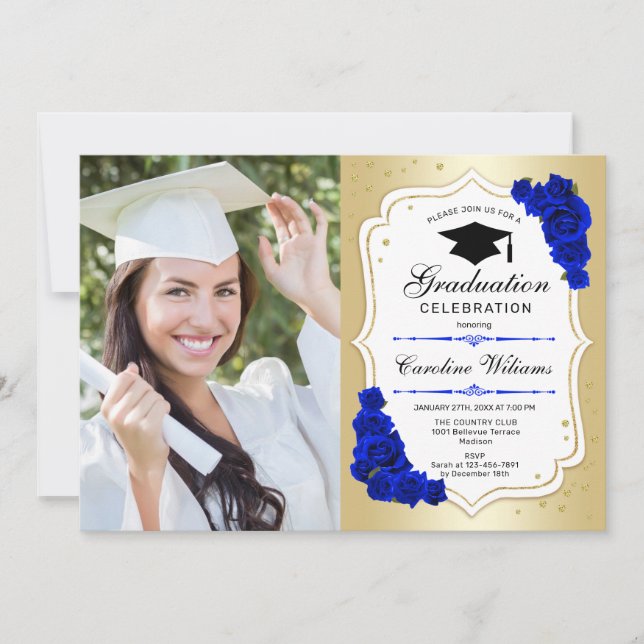 Graduation Party With Photo - Gold Royal Blue Invitation (Front)