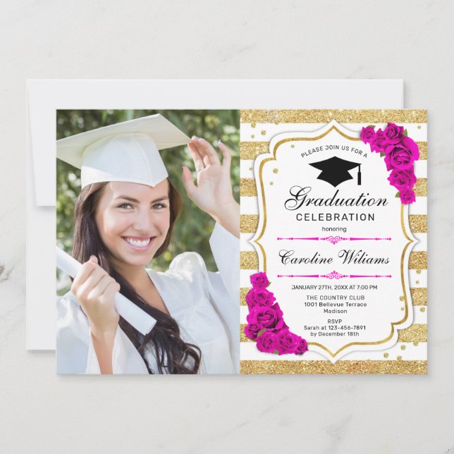 Graduation Party With Photo - Gold White Pink Invitation (Front)