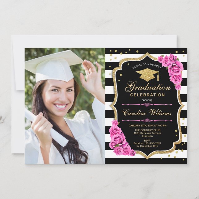 Graduation Party With Photo - Pink Gold Black Invitation (Front)
