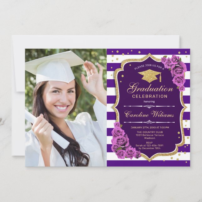 Graduation Party With Photo - Purple Gold Invitation (Front)