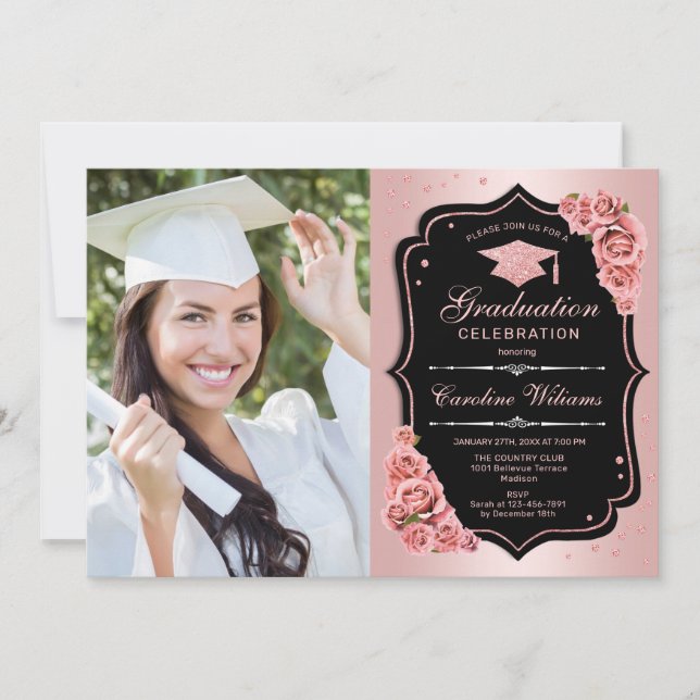Graduation Party With Photo - Rose Gold Black Invitation (Front)