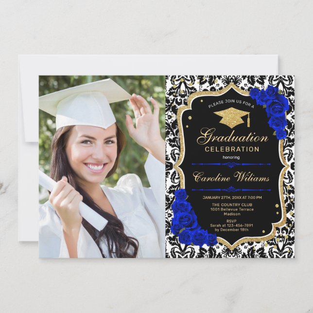 Graduation Party With Photo - Royal Blue Gold Invitation (Front)