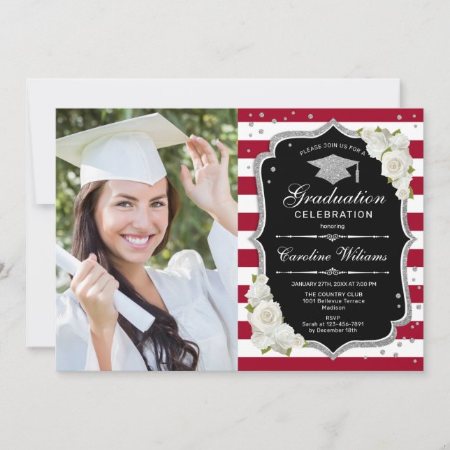 Graduation Party With Photo - Silver Black Red Invitation (Front)