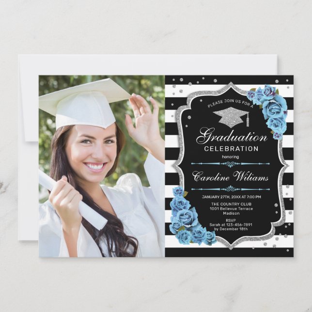 Graduation Party With Photo - Silver Blue Flowers Invitation (Front)