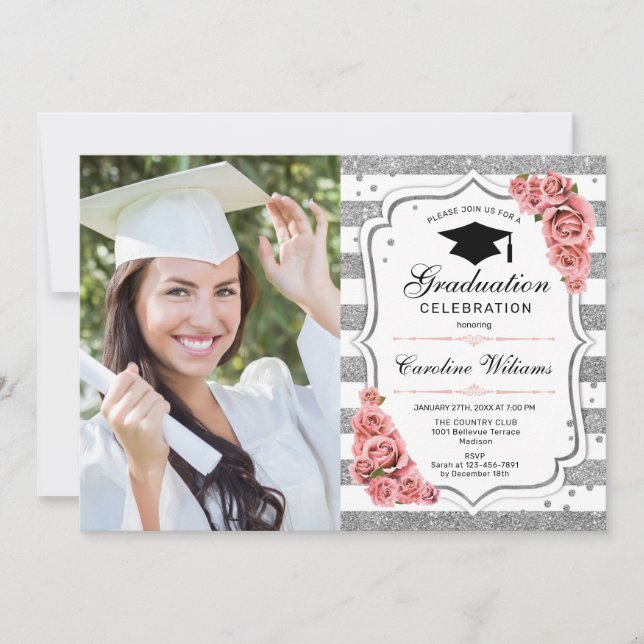 Graduation Party With Photo - Silver Blush Pink Invitation (Front)
