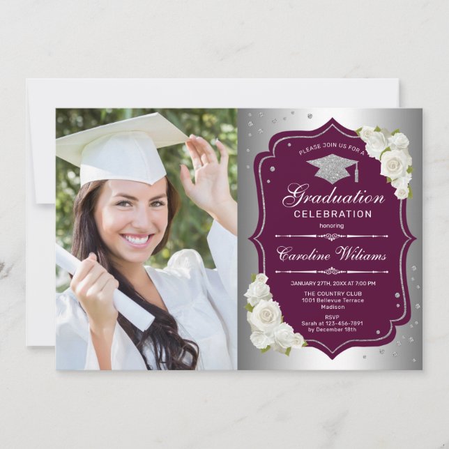 Graduation Party With Photo - Silver Burgundy Invitation (Front)