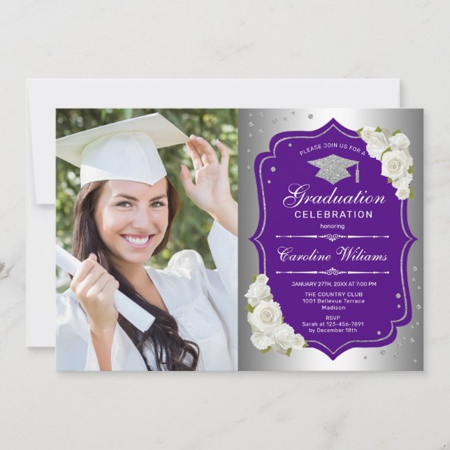 Graduation Party With Photo - Silver Purple Invitation (Front)