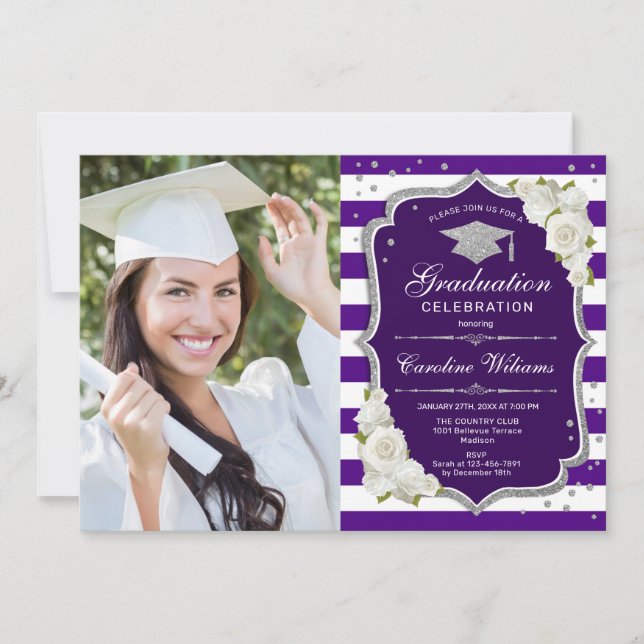 Graduation Party With Photo - Silver Purple White Invitation (Front)