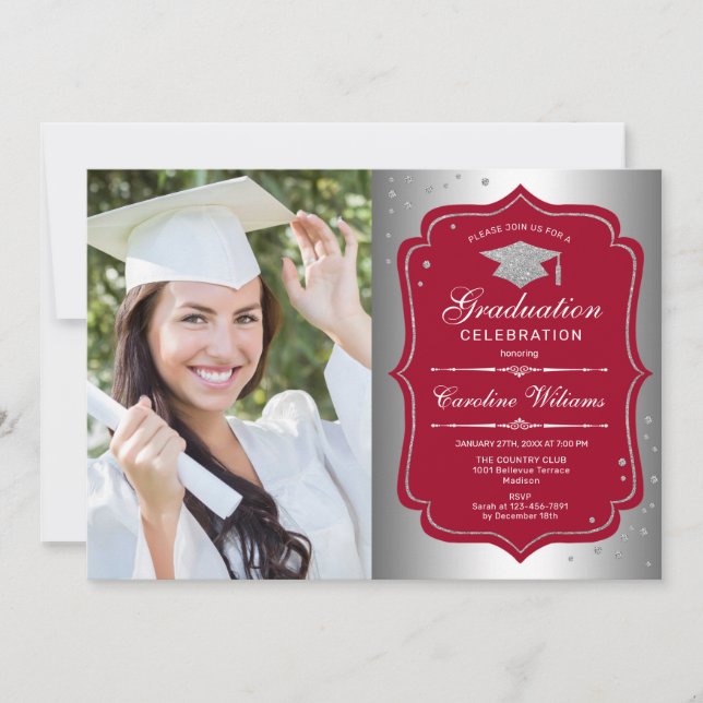 Graduation Party With Photo - Silver Red Invitation (Front)