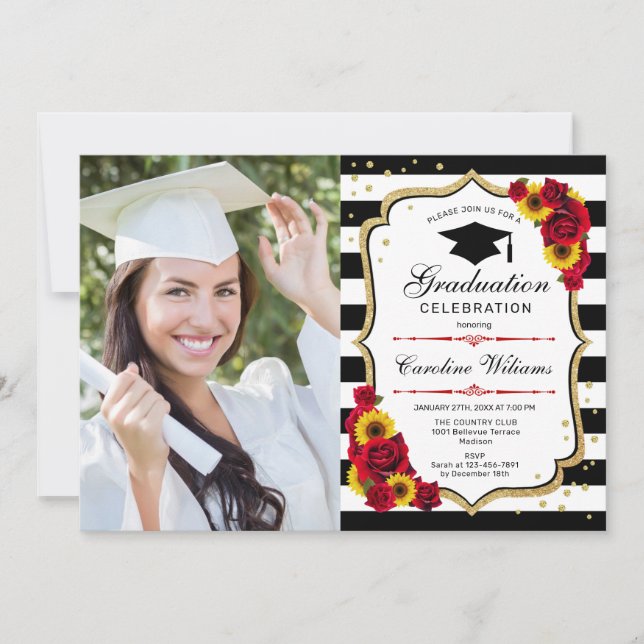 Graduation Party With Photo - Sunflowers Roses Invitation (Front)