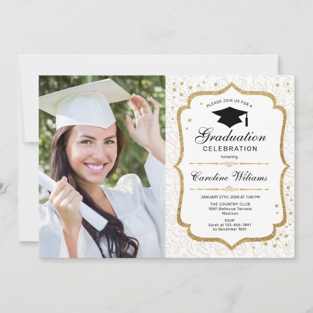 Graduation Party With Photo - White Gold Invitation (Front)