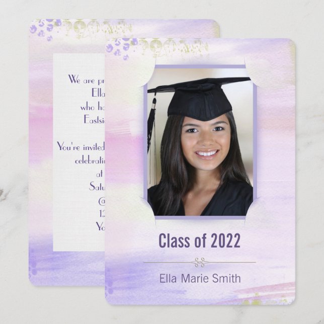 graduation pastel purplewatercolor with slit frame invitation (Front/Back)