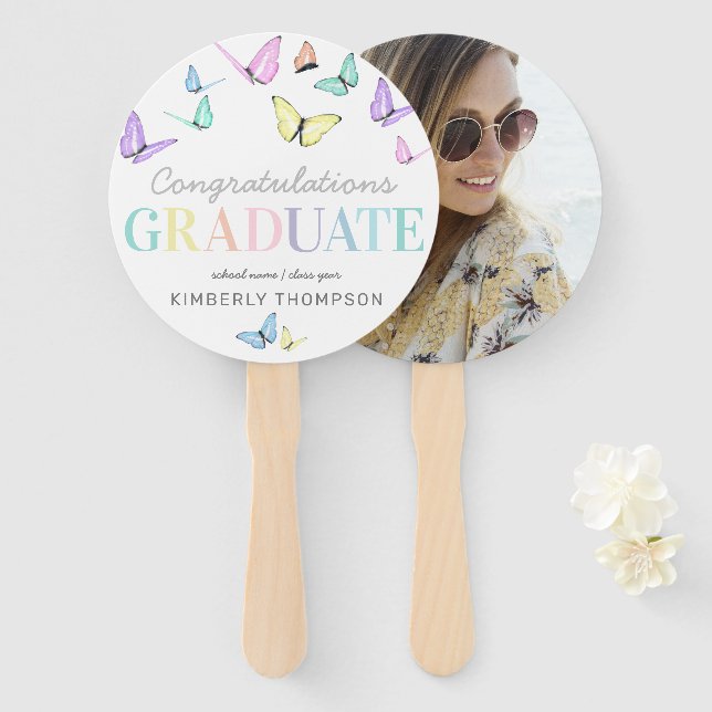 Graduation Pastel Rainbow Butterfly Photo Hand Fan (Front and Back)