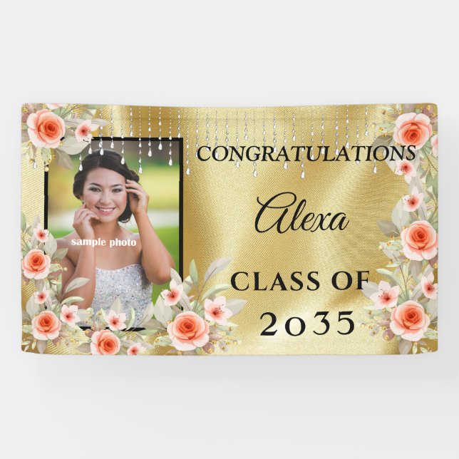 Graduation Peach Pink Flowers Gold Satin Diamonds  Banner (Horizontal)