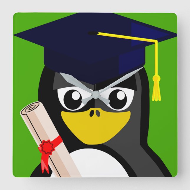 GRADUATION PENGUIN SQUARE WALL CLOCK (Front)