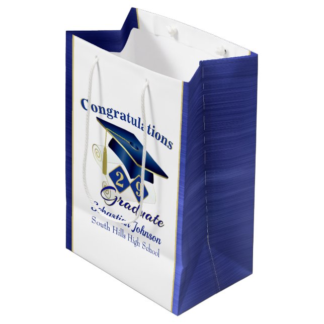 Graduation Personalised Blue and Gold Medium Gift Bag (Front Angled)