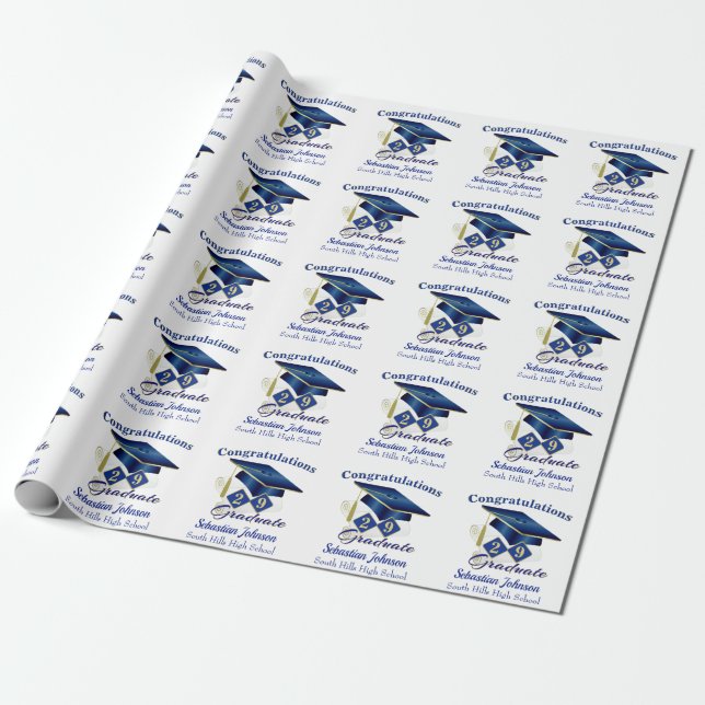 Graduation Personalised Blue & Gold Wrapping Paper (Unrolled)