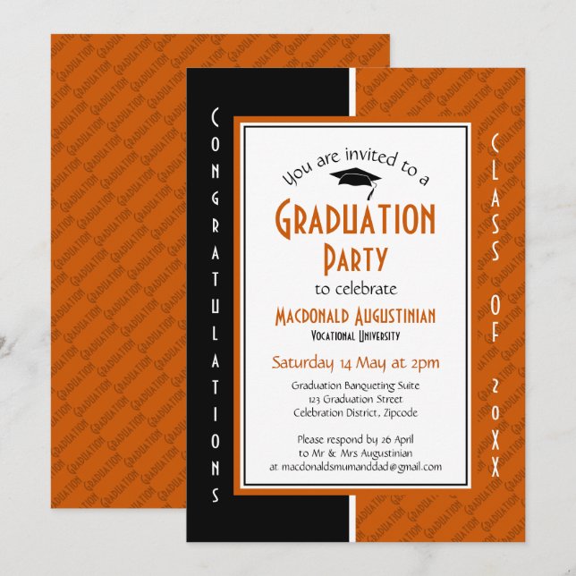 GRADUATION Personalised Orange Black Graduate Invitation (Front/Back)