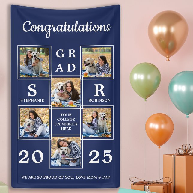 Graduation Personalised Photo Collage Navy Blue Banner (Creator Uploaded)