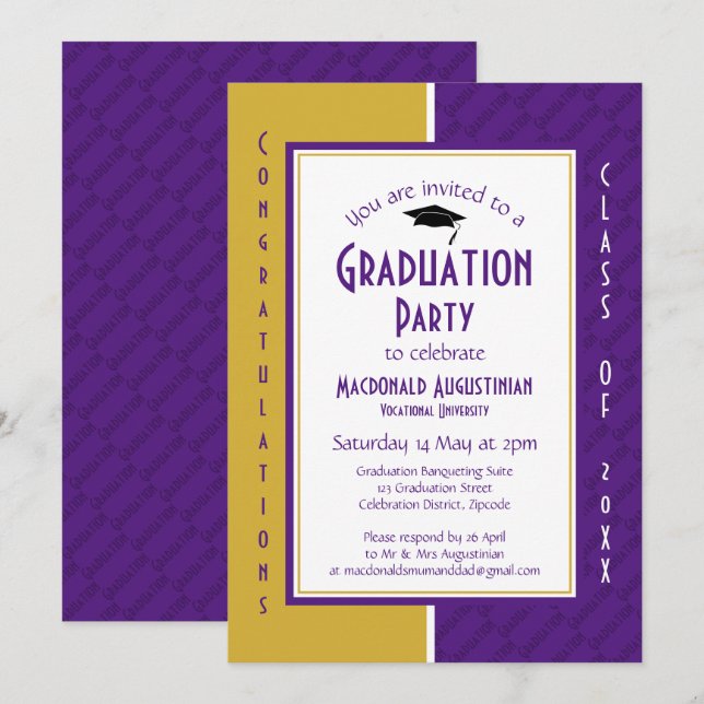 GRADUATION Personalised Purple Gold Graduate Invitation (Front/Back)
