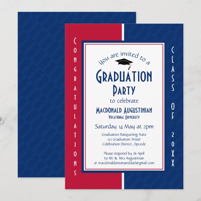 GRADUATION Personalised Red White Blue Graduate Invitation (Front/Back)