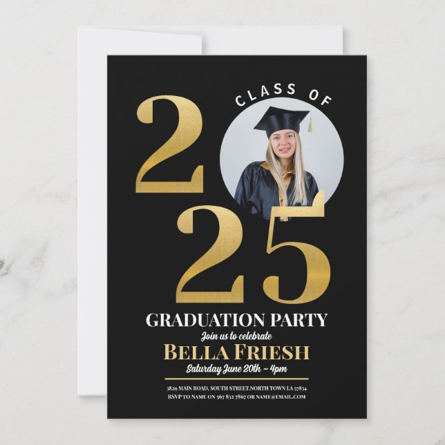 Graduation Photo 2025 Gold Black Invitation (Front)