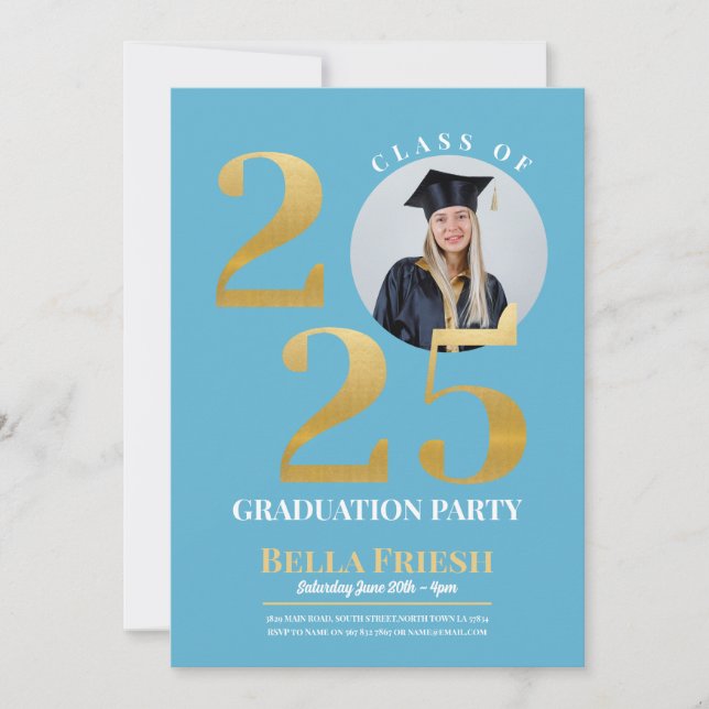 Graduation Photo 2025 Gold Blue Invitation (Front)