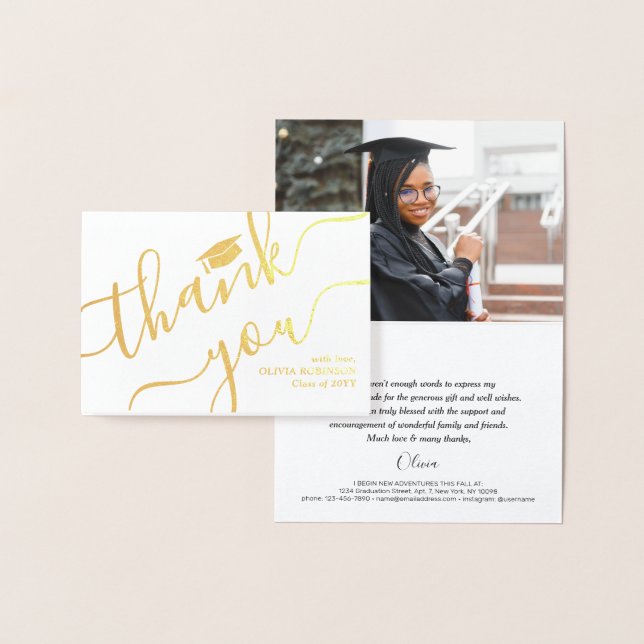 Graduation Photo & Address Modern Thank You Folded Foil Card (Display)